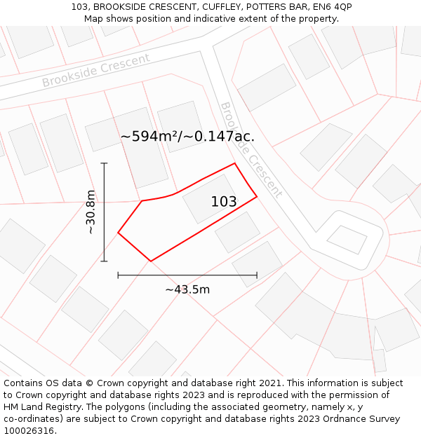 103, BROOKSIDE CRESCENT, CUFFLEY, POTTERS BAR, EN6 4QP: Plot and title map