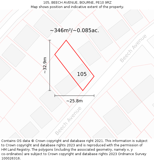 105, BEECH AVENUE, BOURNE, PE10 9RZ: Plot and title map