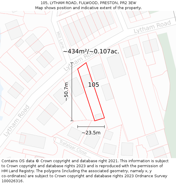 105, LYTHAM ROAD, FULWOOD, PRESTON, PR2 3EW: Plot and title map