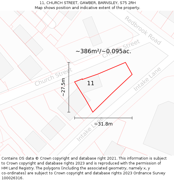 11, CHURCH STREET, GAWBER, BARNSLEY, S75 2RH: Plot and title map