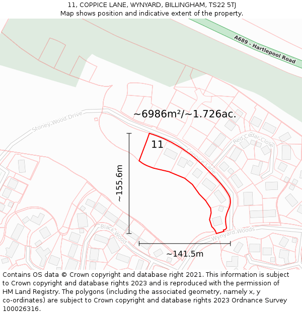 11, COPPICE LANE, WYNYARD, BILLINGHAM, TS22 5TJ: Plot and title map