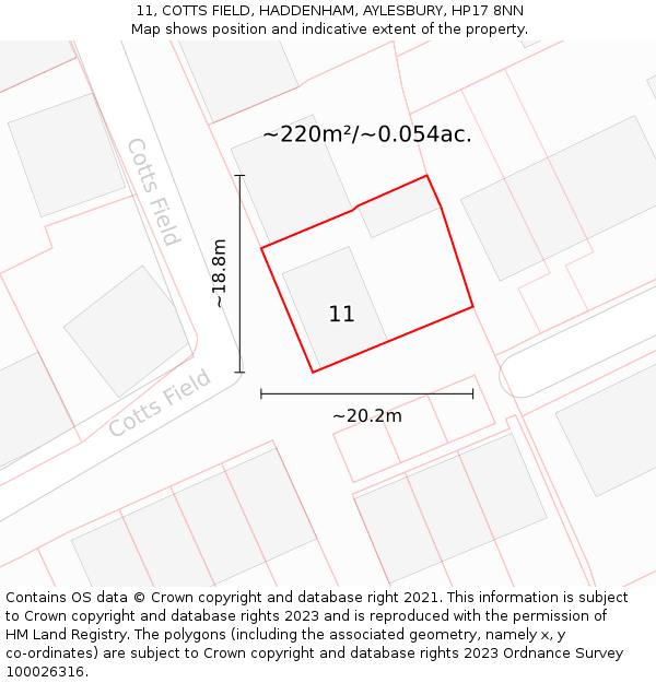 11, COTTS FIELD, HADDENHAM, AYLESBURY, HP17 8NN: Plot and title map