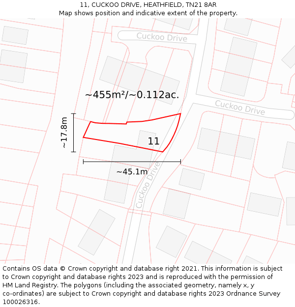 11, CUCKOO DRIVE, HEATHFIELD, TN21 8AR: Plot and title map