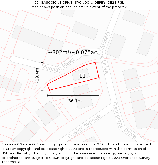 11, GASCOIGNE DRIVE, SPONDON, DERBY, DE21 7GL: Plot and title map