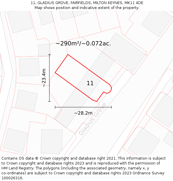 11, GLADIUS GROVE, FAIRFIELDS, MILTON KEYNES, MK11 4DE: Plot and title map