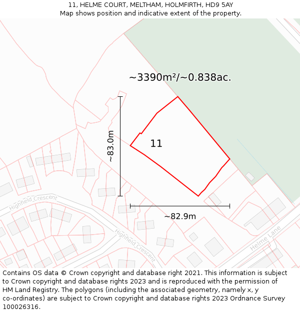 11, HELME COURT, MELTHAM, HOLMFIRTH, HD9 5AY: Plot and title map