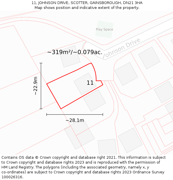 11, JOHNSON DRIVE, SCOTTER, GAINSBOROUGH, DN21 3HA: Plot and title map