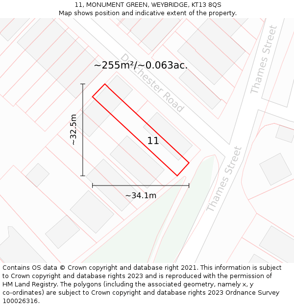 11, MONUMENT GREEN, WEYBRIDGE, KT13 8QS: Plot and title map