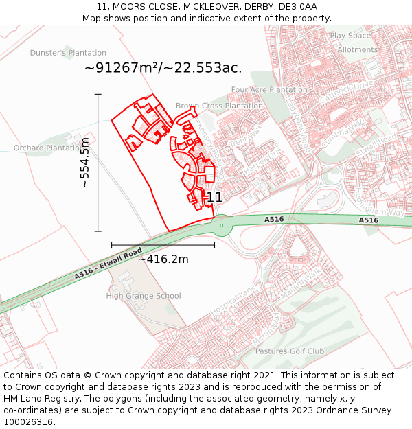 11, MOORS CLOSE, MICKLEOVER, DERBY, DE3 0AA: Plot and title map