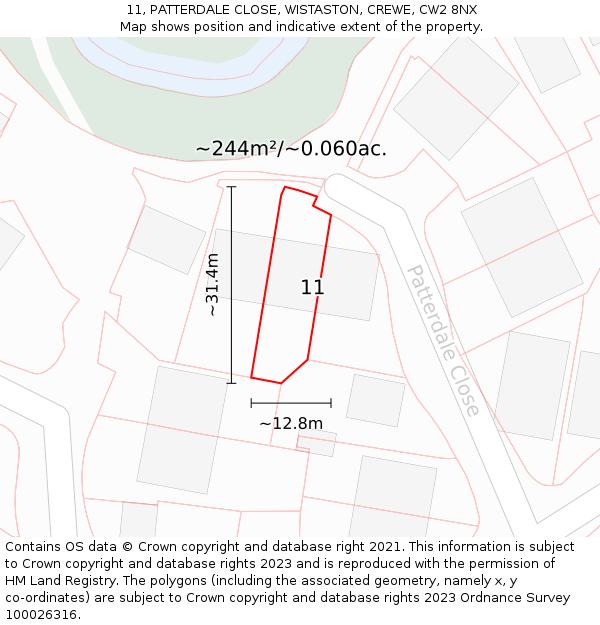 11, PATTERDALE CLOSE, WISTASTON, CREWE, CW2 8NX: Plot and title map