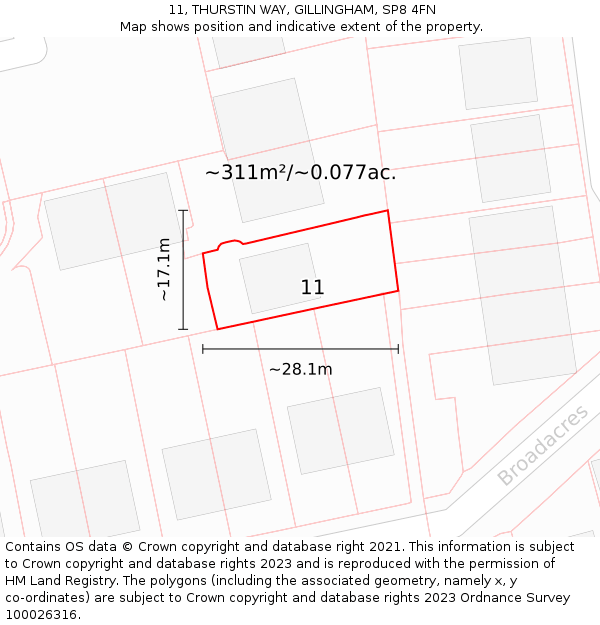 11, THURSTIN WAY, GILLINGHAM, SP8 4FN: Plot and title map