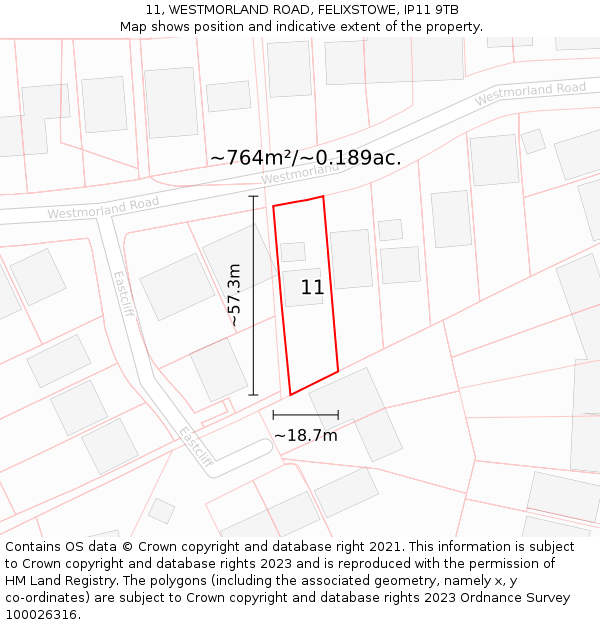 11, WESTMORLAND ROAD, FELIXSTOWE, IP11 9TB: Plot and title map