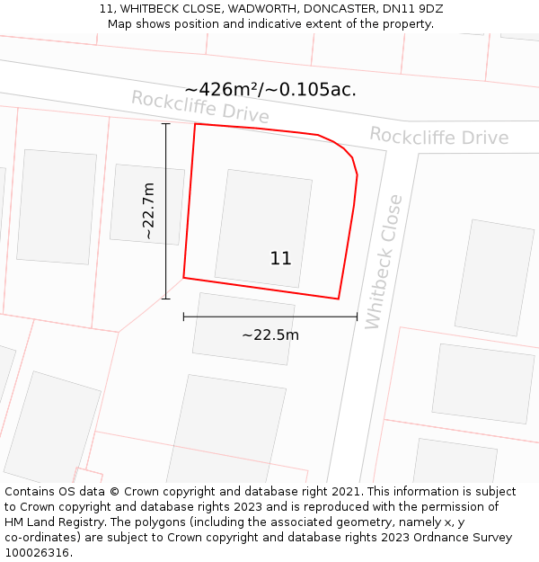 11, WHITBECK CLOSE, WADWORTH, DONCASTER, DN11 9DZ: Plot and title map