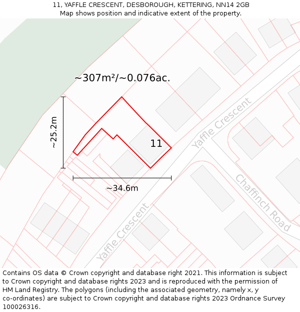 11, YAFFLE CRESCENT, DESBOROUGH, KETTERING, NN14 2GB: Plot and title map