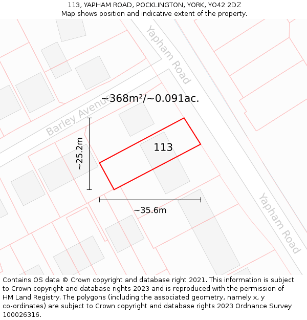 113, YAPHAM ROAD, POCKLINGTON, YORK, YO42 2DZ: Plot and title map