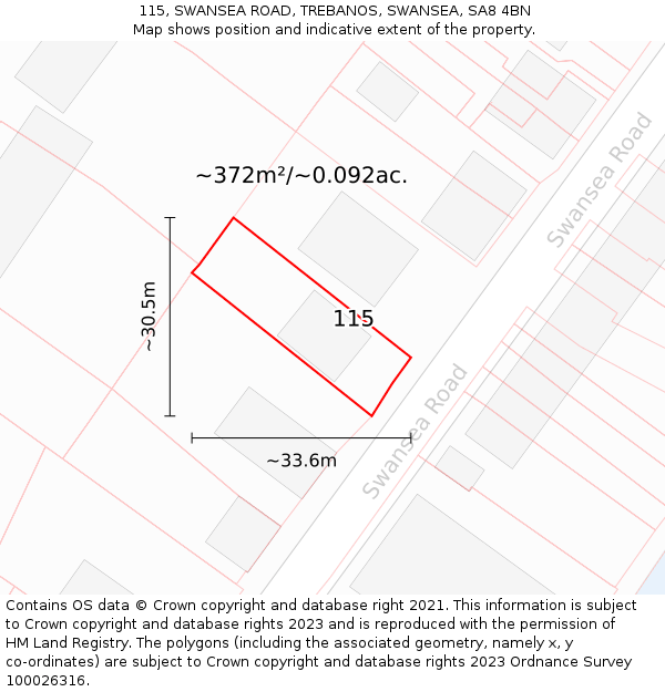 115, SWANSEA ROAD, TREBANOS, SWANSEA, SA8 4BN: Plot and title map