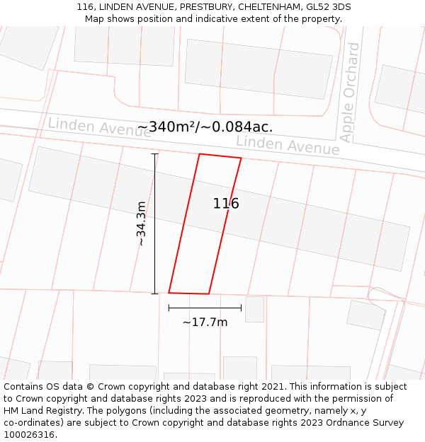 116, LINDEN AVENUE, PRESTBURY, CHELTENHAM, GL52 3DS: Plot and title map