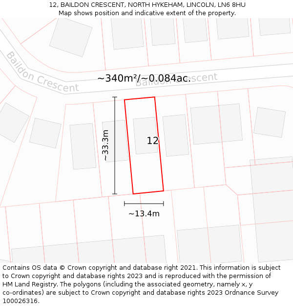 12, BAILDON CRESCENT, NORTH HYKEHAM, LINCOLN, LN6 8HU: Plot and title map