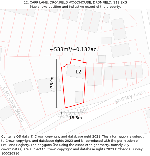 12, CARR LANE, DRONFIELD WOODHOUSE, DRONFIELD, S18 8XG: Plot and title map