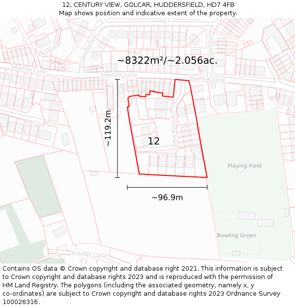 12, CENTURY VIEW, GOLCAR, HUDDERSFIELD, HD7 4FB: Plot and title map