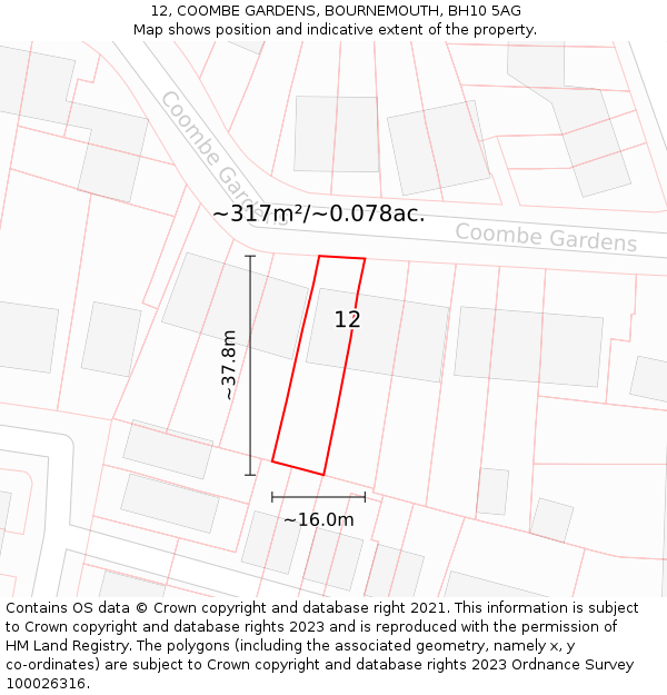 12, COOMBE GARDENS, BOURNEMOUTH, BH10 5AG: Plot and title map