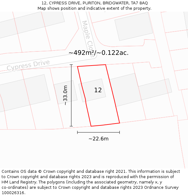 12, CYPRESS DRIVE, PURITON, BRIDGWATER, TA7 8AQ: Plot and title map