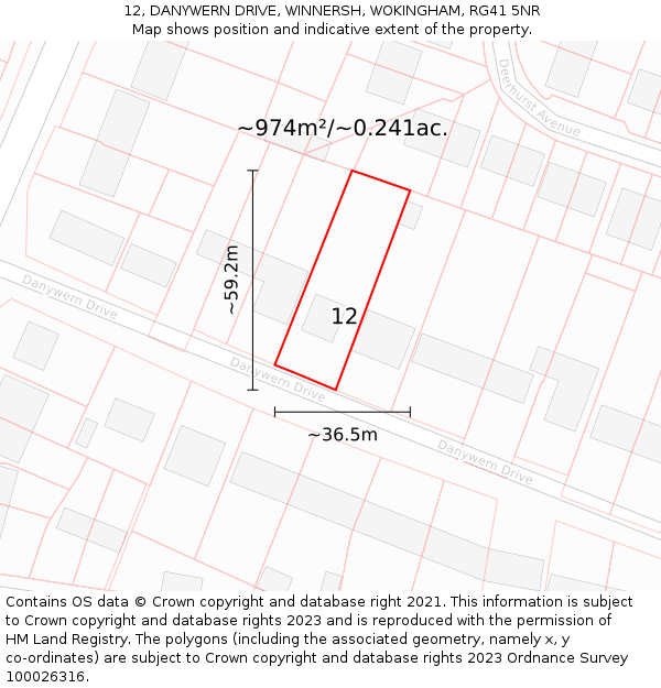 12, DANYWERN DRIVE, WINNERSH, WOKINGHAM, RG41 5NR: Plot and title map