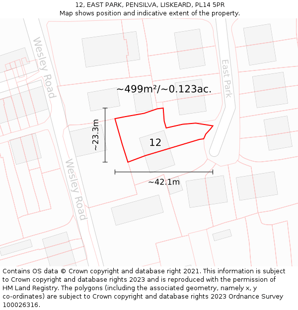 12, EAST PARK, PENSILVA, LISKEARD, PL14 5PR: Plot and title map