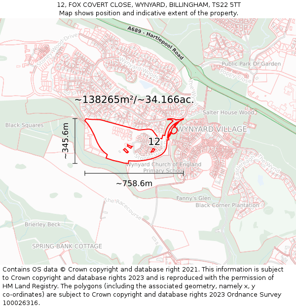 12, FOX COVERT CLOSE, WYNYARD, BILLINGHAM, TS22 5TT: Plot and title map