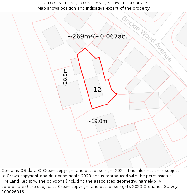 12, FOXES CLOSE, PORINGLAND, NORWICH, NR14 7TY: Plot and title map