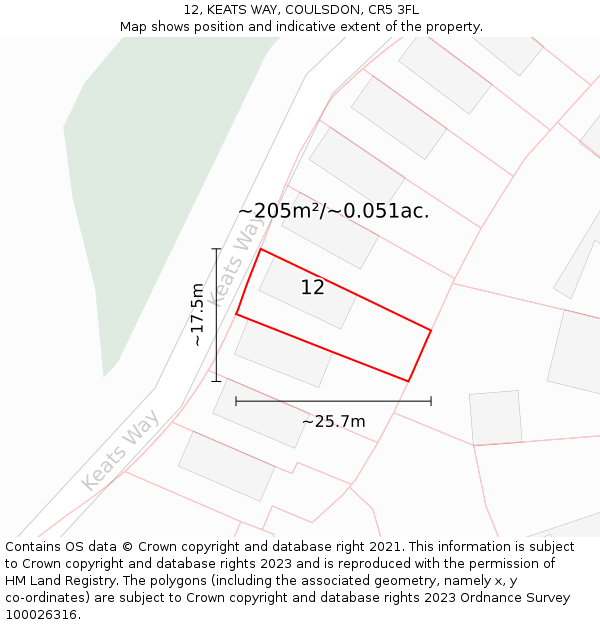 12, KEATS WAY, COULSDON, CR5 3FL: Plot and title map