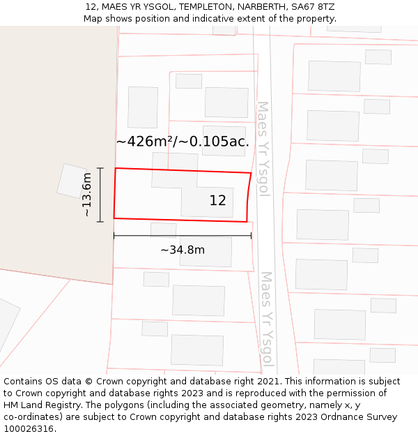 12, MAES YR YSGOL, TEMPLETON, NARBERTH, SA67 8TZ: Plot and title map