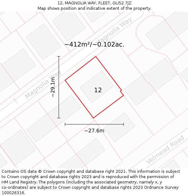 12, MAGNOLIA WAY, FLEET, GU52 7JZ: Plot and title map