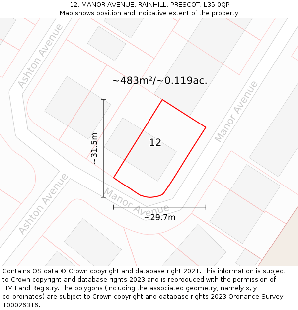 12, MANOR AVENUE, RAINHILL, PRESCOT, L35 0QP: Plot and title map