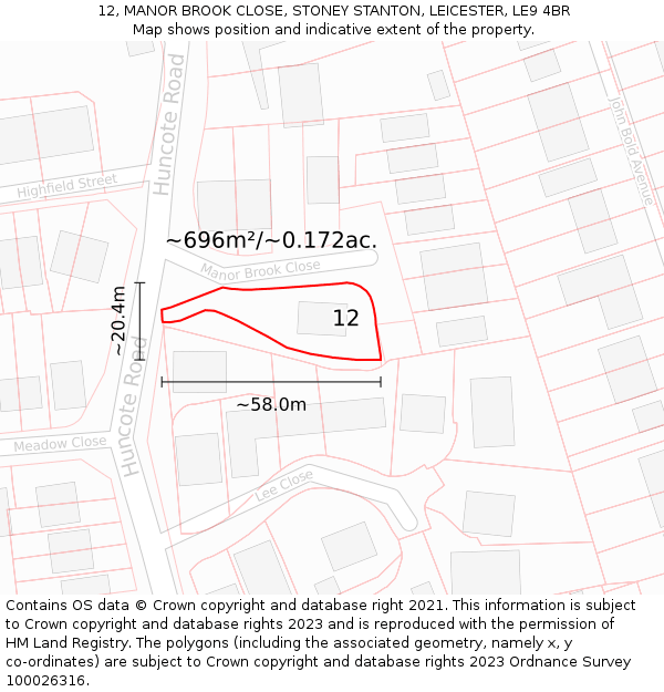 12, MANOR BROOK CLOSE, STONEY STANTON, LEICESTER, LE9 4BR: Plot and title map