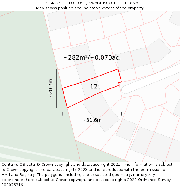 12, MANSFIELD CLOSE, SWADLINCOTE, DE11 8NA: Plot and title map