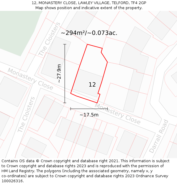 12, MONASTERY CLOSE, LAWLEY VILLAGE, TELFORD, TF4 2GP: Plot and title map