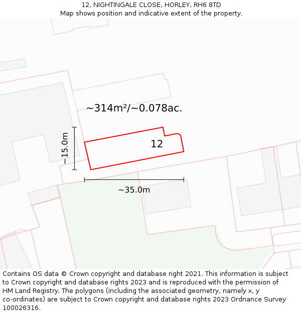 12, NIGHTINGALE CLOSE, HORLEY, RH6 8TD: Plot and title map