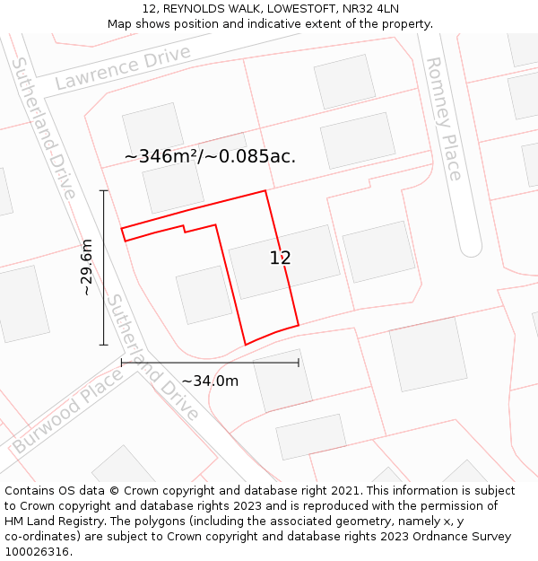 12, REYNOLDS WALK, LOWESTOFT, NR32 4LN: Plot and title map