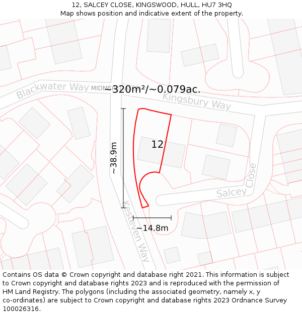 12, SALCEY CLOSE, KINGSWOOD, HULL, HU7 3HQ: Plot and title map