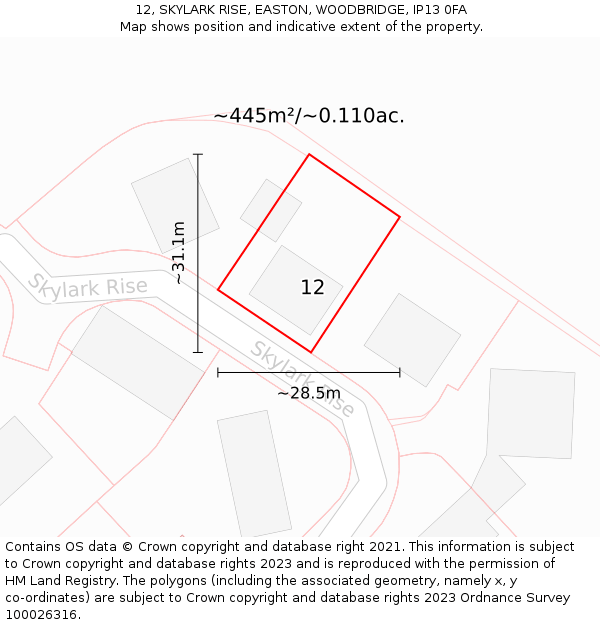 12, SKYLARK RISE, EASTON, WOODBRIDGE, IP13 0FA: Plot and title map