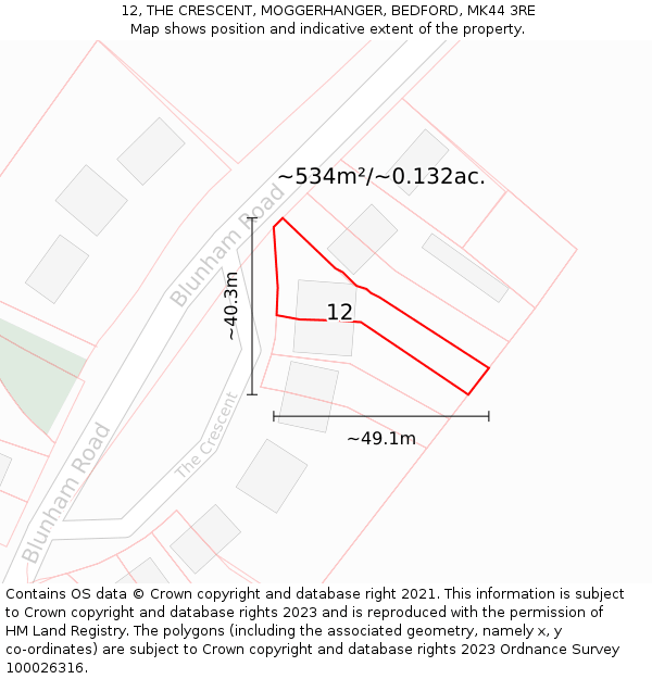 12, THE CRESCENT, MOGGERHANGER, BEDFORD, MK44 3RE: Plot and title map