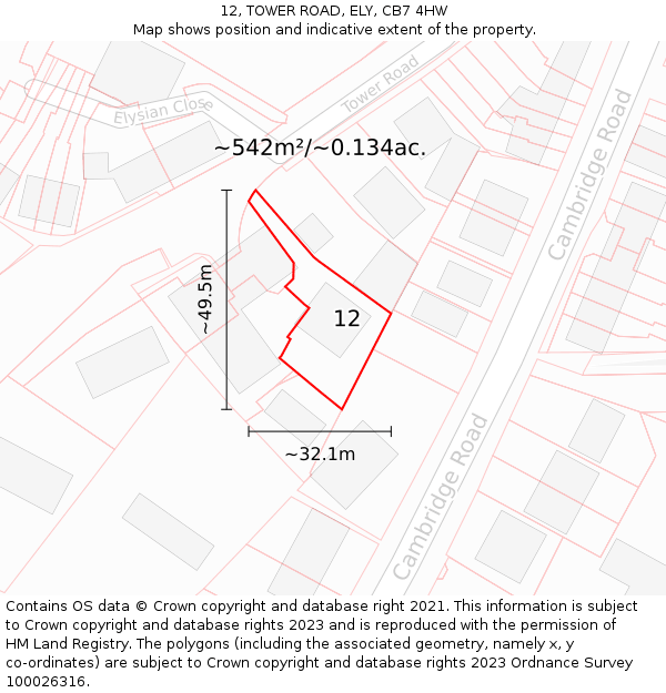 12, TOWER ROAD, ELY, CB7 4HW: Plot and title map