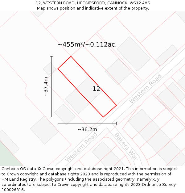 12, WESTERN ROAD, HEDNESFORD, CANNOCK, WS12 4AS: Plot and title map