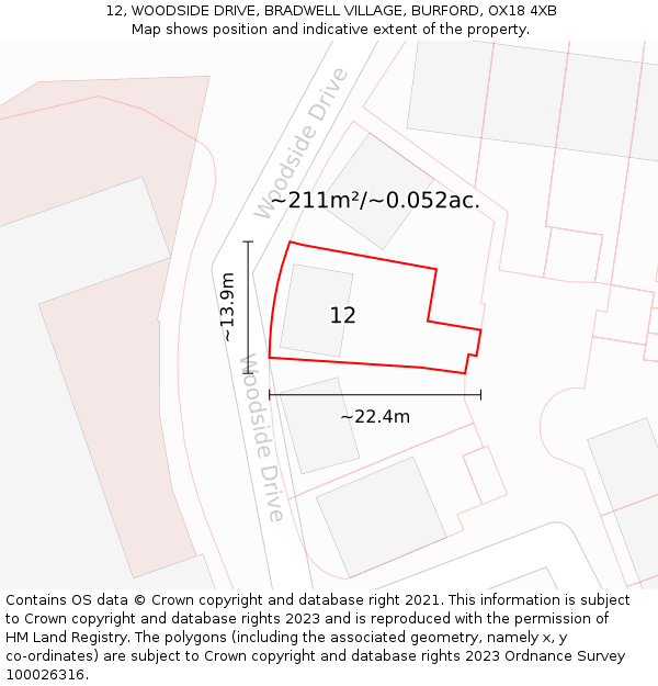 12, WOODSIDE DRIVE, BRADWELL VILLAGE, BURFORD, OX18 4XB: Plot and title map