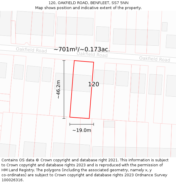 120, OAKFIELD ROAD, BENFLEET, SS7 5NN: Plot and title map