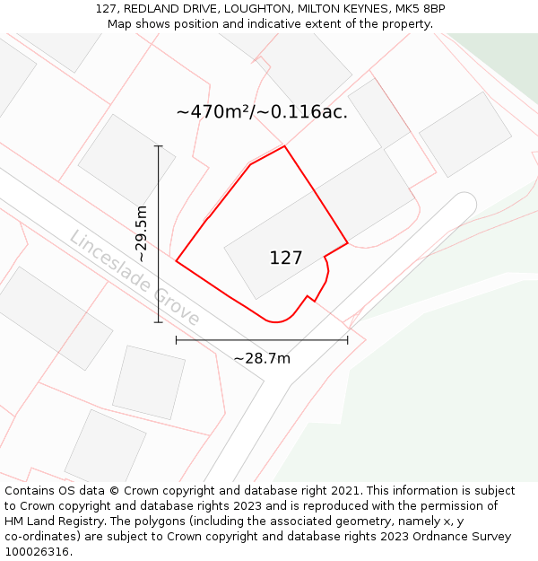 127, REDLAND DRIVE, LOUGHTON, MILTON KEYNES, MK5 8BP: Plot and title map