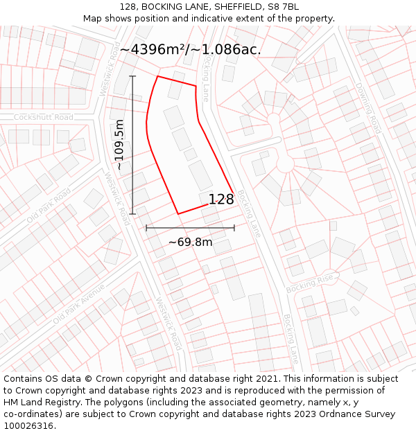 128, BOCKING LANE, SHEFFIELD, S8 7BL: Plot and title map