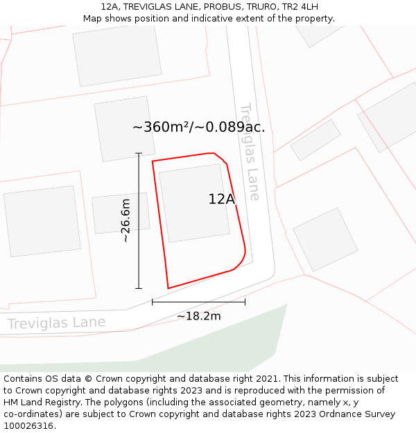 12A, TREVIGLAS LANE, PROBUS, TRURO, TR2 4LH: Plot and title map