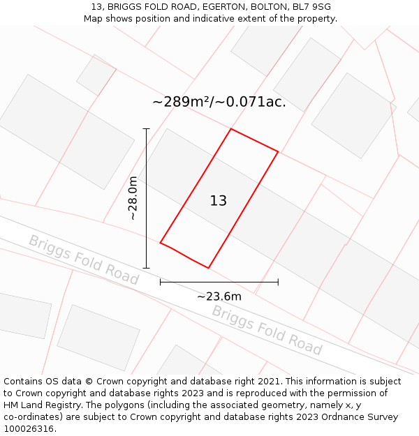 13, BRIGGS FOLD ROAD, EGERTON, BOLTON, BL7 9SG: Plot and title map